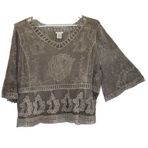 Ultra Pink Lace Embroidered Top Large Taupe Brown 3/4 Bell Sleeve Romantic Fairy